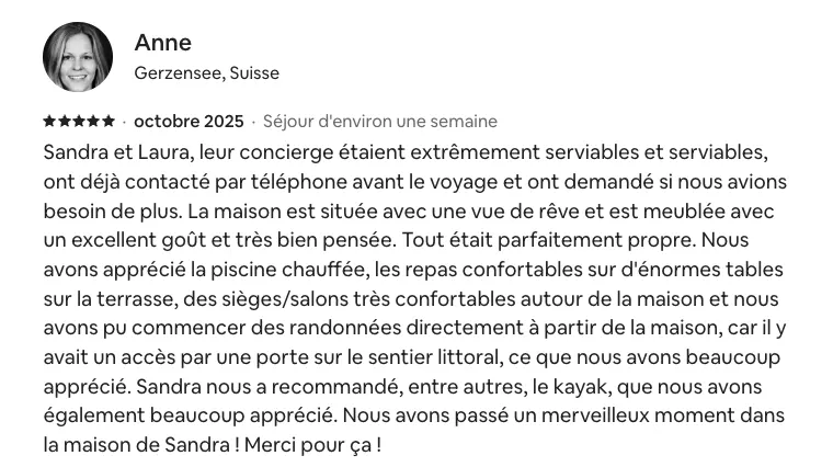 Avis de Anne sur la location de la villa La Madrague sur la presqu'île de Giens. Sandra et Laura, leur concierge étaient extrêmement serviables et serviables, ont déjà contacté par téléphone avant le voyage et ont demandé si nous avions besoin de plus. La maison est située avec une vue de rêve et est meublée avec un excellent goût et très bien pensée. Tout était parfaitement propre...