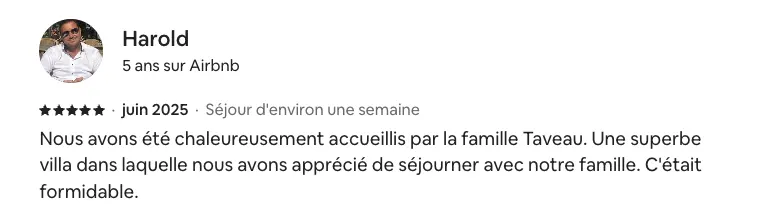 Avis de Harold sur la location de la villa La Madrague sur la presqu'île de Giens. Nous avons été chaleureusement accueillis par la famille Taveau. Une superbe villa dans laquelle nous avons apprécié de séjourner avec notre famille. C’était formidable.
