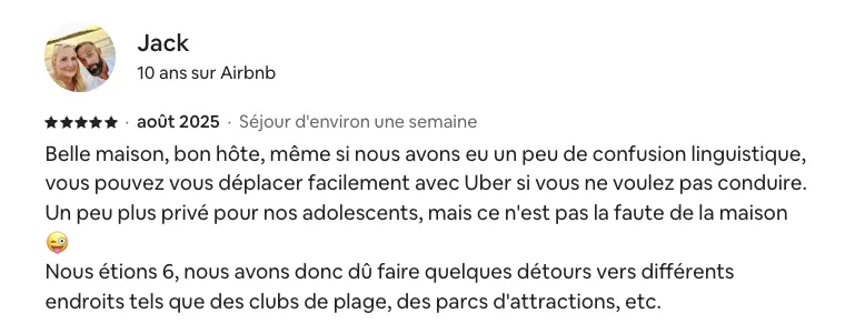 Avis de Jack sur la location de la villa La Madrague sur la presqu'île de Giens. Belle maison, bon hôte, même si nous avons eu un peu de confusion linguistique, vous pouvez vous déplacer facilement avec Uber si vous ne voulez pas conduire...
