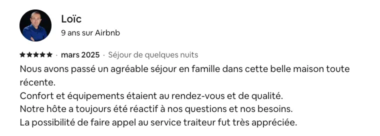 Avis de Loïc sur la location de la villa La Madrague sur la presqu'île de Giens. Nous avons passé un agréable séjour en famille dans cette belle maison toute récente. Confort et équipements étaient au rendez-vous et de qualité. Notre hôte a toujours été réactif à nos questions et nos besoins. La possibilité de faire appel au service traiteur fut très appréciée.
