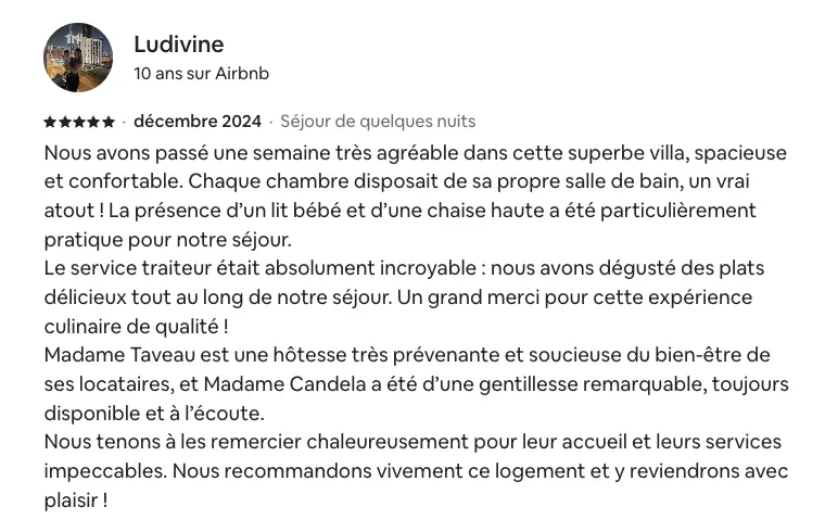 Avis de Ludivine sur la location de la villa La Madrague sur la presqu'île de Giens. Nous avons passé une semaine très agréable dans cette superbe villa, spacieuse et confortable. Chaque chambre disposait de sa propre salle de bain, un vrai atout ! La présence d’un lit bébé et d’une chaise haute a été particulièrement pratique pour notre séjour...
