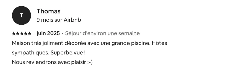 Avis de Thomas sur la location de la villa La Madrague sur la presqu'île de Giens. Maison très joliment décorée avec une grande piscine. Hôtes sympathiques. Superbe vue ! Nous reviendrons avec plaisir.